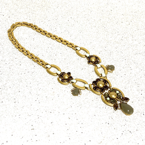 Stella & Dot Livvy Bib Necklace Runway Drama Statement Gold Chain & Sage Stones - Picture 6 of 11